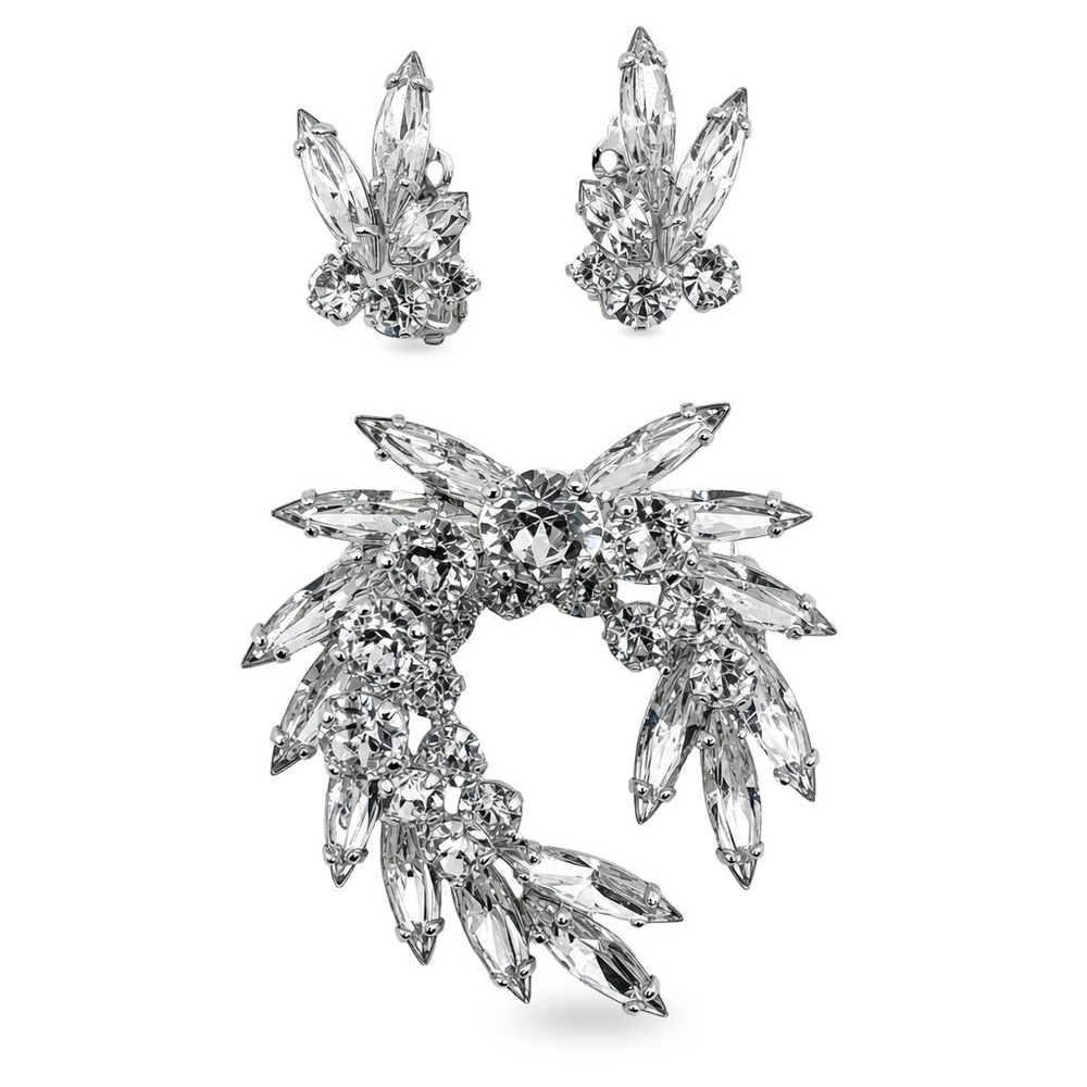 Vintage Sherman Clear Crystal Crescent Brooch & Clip Earrings Set Rhodium Canada